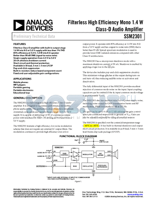 SSM2301CPZ-REEL7 datasheet - Filterless High Efficiency Mono 1.4 W Class-D Audio Amplifier