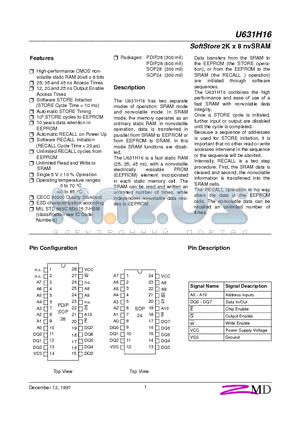 U631H16S1K25 datasheet - SOFTSTORE 2K X 8 NVSRAM