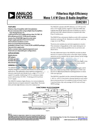 SSM2301_01 datasheet - Filterless High Efficiency Mono 1.4W Class-D Audio Amplifier