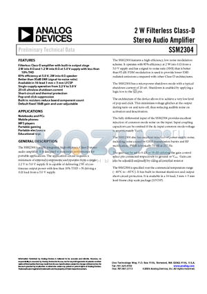 SSM2304CPZ-REEL7 datasheet - 2 W Filterless Class-D Stereo Audio Amplifier