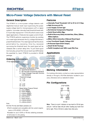 RT9816A-13GY datasheet - Micro-Power Voltage Detectors with Manual Reset