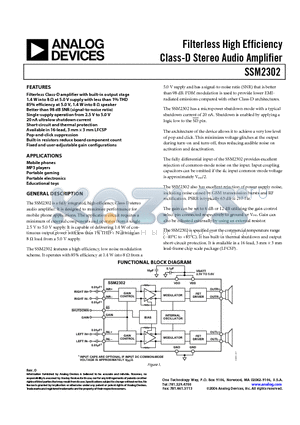 SSM2302 datasheet - Filterless High Efficiency Class-D Stereo Audio Amplifier