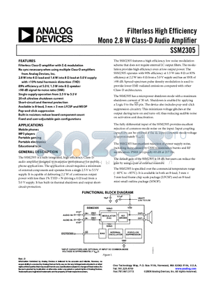 SSM2305CPZ-REEL datasheet - Filterless High Efficiency Mono 2.8 W Class-D Audio Amplifier