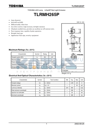 TLRMH265P datasheet - TOSHIBA LED Lamp InGaAP Red Light Emission