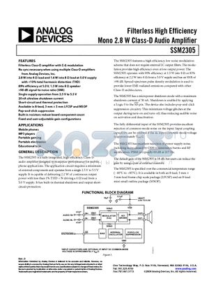 SSM2305CPZ-R2 datasheet - Filterless High Efficiency Mono 2.8 W Class-D Audio Amplifier