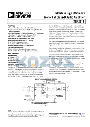 SSM2311-EVALZ datasheet - Filterless High Efficiency Mono 3 W Class-D Audio Amplifier