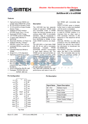 U631H64BSC25 datasheet - SoftStore 8K x 8 nvSRAM