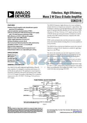 SSM2319CBZ-REEL datasheet - Filterless, High Efficiency, Mono 3 W Class-D Audio Amplifier