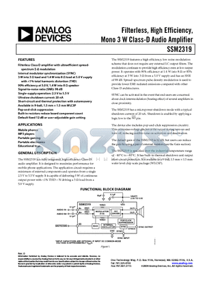 SSM2319CBZ-REEL7 datasheet - Filterless, High Efficiency, Mono 3 W Class-D Audio Amplifier