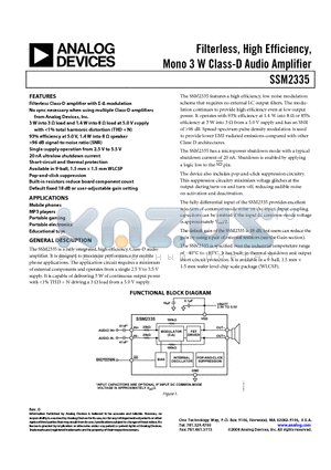SSM2335CBZ-REEL7 datasheet - Filterless, High Efficiency, Mono 3 W Class-D Audio Amplifier