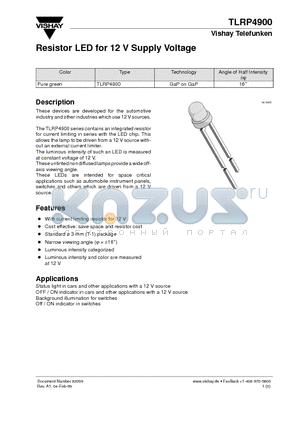 TLRP4900 datasheet - Resistor LED for 12 V Supply Voltage