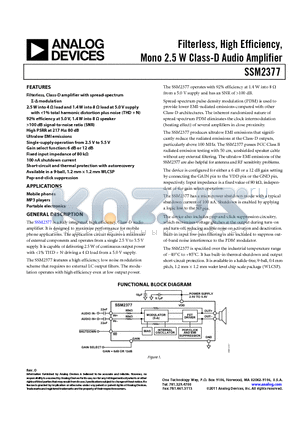 SSM2377 datasheet - Filterless, High Efficiency, Mono 2.5 W Class-D Audio Amplifier Pop-and-click suppression