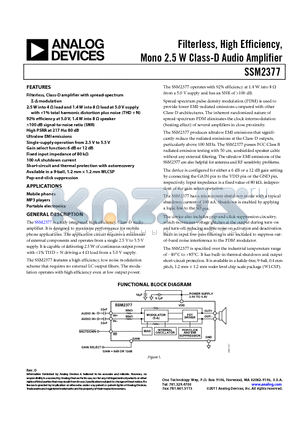 SSM2377ACBZ-R7 datasheet - Filterless, High Efficiency, Mono 2.5 W Class-D Audio Amplifier Pop-and-click suppression