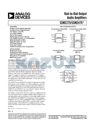 SSM2475 datasheet - Rail-to-Rail Output Audio Amplifiers
