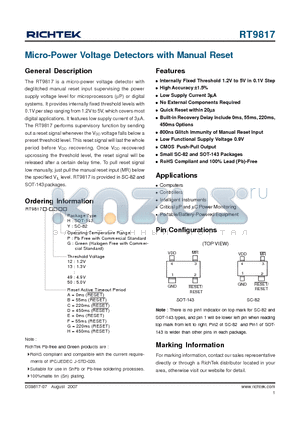 RT9817A-12PH datasheet - Micro-Power Voltage Detectors with Manual Reset