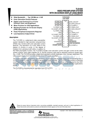 TLS1255 datasheet - VIDEO PREAMPLIFIER SYSTEM WITH ON-SCREEN DISPLAY (OSD)MIXER