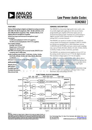 SSM2602CPZ-REEL7 datasheet - Low Power Audio Codec