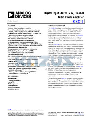 SSM2518CBZ-RL datasheet - Digital Input Stereo, 2 W, Class-D