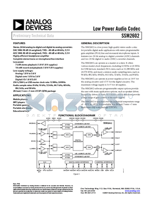SSM2602CPZ-REEL71 datasheet - Low Power Audio Codec
