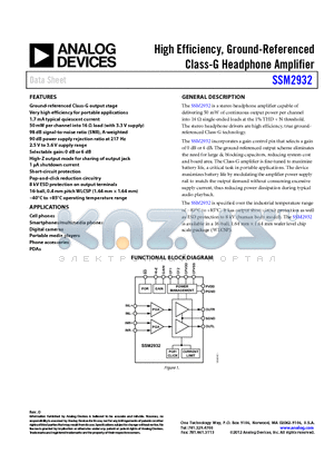 SSM2932 datasheet - High Efficiency, Ground-Referenced