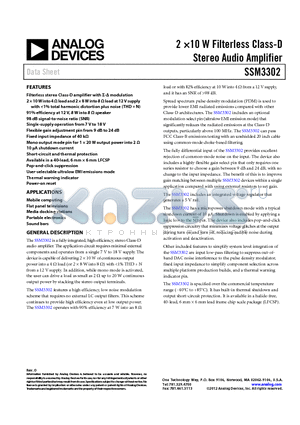 SSM3302 datasheet - 2 10 W Filterless Class-D