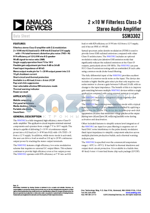 SSM3302ACPZ datasheet - 2 10 W Filterless Class-D