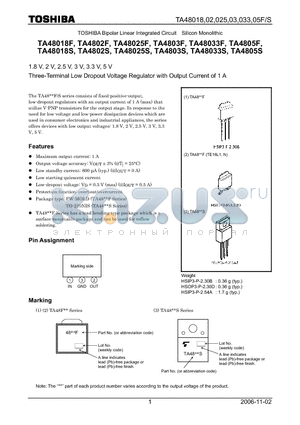 TA4802F datasheet - 1.8 V, 2 V, 2.5 V, 3 V, 3.3 V, 5 V Three-Terminal Low Dropout Voltage Regulator with Output Current of 1 A