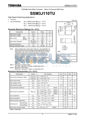 SSM3J110TU datasheet - Field Effect Transistor Silicon P-Channel MOS Type High Speed Switching Applications