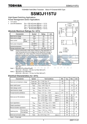 SSM3J115TU datasheet - Field-Effect Transistor Silicon P-Channel MOS Type High-Speed Switching Applications Power Management Switch Applications