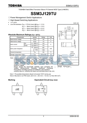 SSM3J129TU datasheet - Field-Effect Transistor Silicon P-Channel MOS Type (U-MOSV)