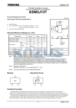 SSM3J13T_07 datasheet - Field Effect Transistor Silicon P Channel MOS Type (U-MOSII)