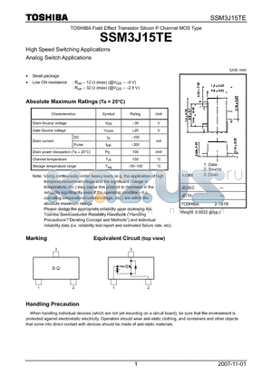 SSM3J15TE datasheet - Field Effect Transistor Silicon P Channel MOS Type High Speed Switching Applications Analog Switch Applications