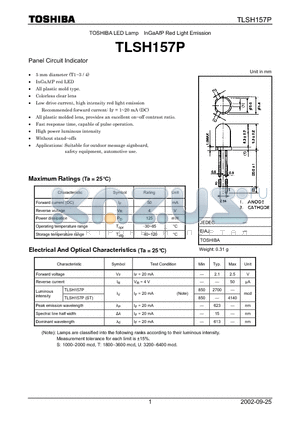 TLSH157P datasheet - TOSHIBA LED Lamp InGaAP Red Light Emission