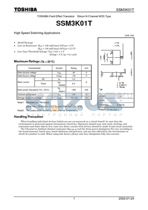 SSM3K01T datasheet - TOSHIBA Field Effect Transistor Silicon N Channel MOS Type