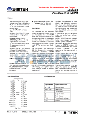 U635H64BSC25 datasheet - PowerStore 8K x 8 nvSRAM