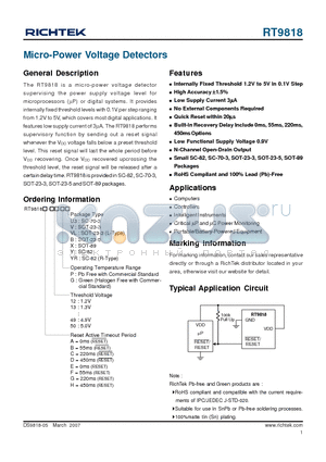 RT9818 datasheet - Micro-Power Voltage Detectors