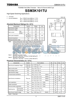 SSM3K101TU datasheet - Silicon N Channel MOS Type High Speed Switching Applications