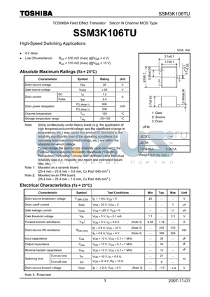 SSM3K106TU datasheet - Silicon N Channel MOS Type High-Speed Switching Applications