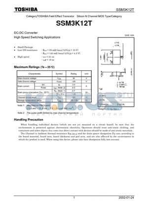 SSM3K12T datasheet - CategoryTOSHIBA Field Effect Transistor Silicon N Channel MOS Type/Category