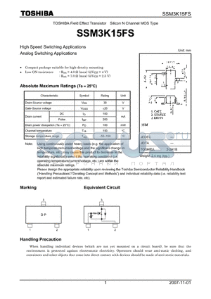 SSM3K15FS_07 datasheet - Silicon N Channel MOS Type High Speed Switching Applications