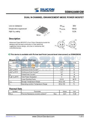 SSM4226M datasheet - DUAL N-CHANNEL ENHANCEMENT-MODE POWER MOSFET