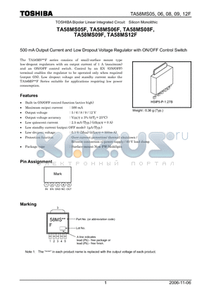 TA58MS05F datasheet - 500 mA Output Current and Low Dropout Voltage Regulator with ON/OFF Control Switch