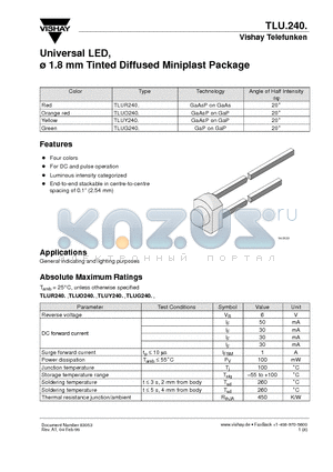 TLUG240 datasheet - Universal LED, 1.8 mm Tinted Diffused Miniplast Package