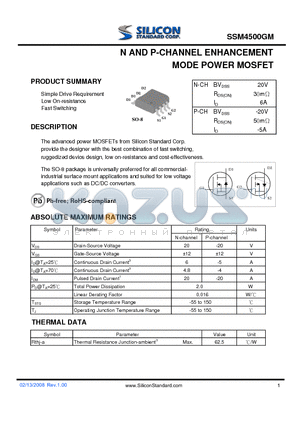 SSM4500GM datasheet - N AND P-CHANNEL ENHANCEMENT MODE POWER MOSFET