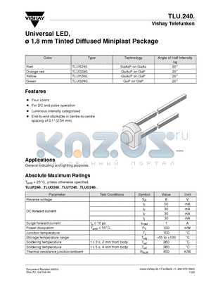 TLUR240 datasheet - Universal LED, 1.8 mm Tinted Diffused Miniplast Package