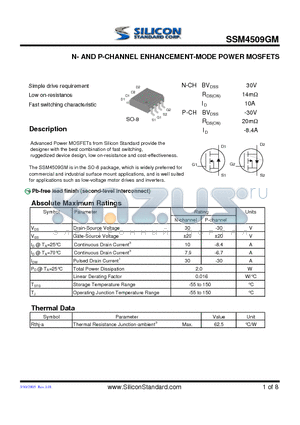 SSM4509GM datasheet - N- AND P-CHANNEL ENHANCEMENT-MODE POWER MOSFETS