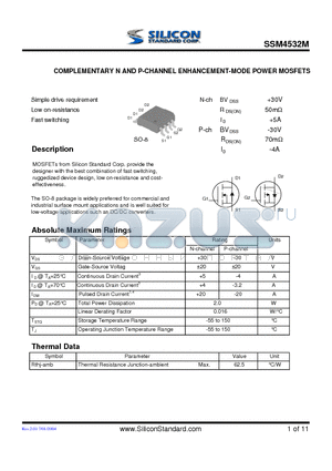 SSM4532M datasheet - COMPLEMENTARY N AND P-CHANNEL ENHANCEMENT-MODE POWER MOSFETS