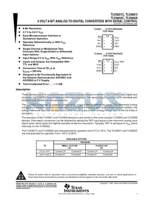 TLV0832CD datasheet - 3-VOLT 8-BIT ANALOG-TO-DIGITAL CONVERTERS WITH SERIAL CONTROL