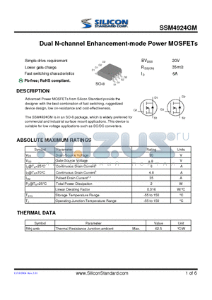 SSM4924GM datasheet - Dual N-channel Enhancement-mode Power MOSFETs