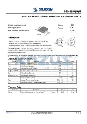 SSM4957GM datasheet - DUAL P-CHANNEL ENHANCEMENT-MODE POWER MOSFETS